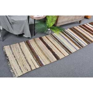 Tapis Turc Vintage Moderne 2.3x 10.1ft Beige Fait à la Main Patchwork Design Laine Viscose Rectangulaire Couloir Motif pour Vivre Latex - Product Image 1
