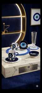 DOUBLE HAND-PAINTED CERAMIC TURKISH COFFEE <b>CUPS</b> <b>SET</b> with TRAY FRUIT PATTERN DISHWASHER SAFE - Product Image 2