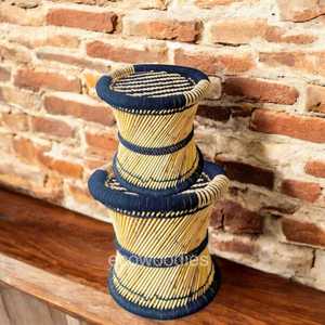 Stylish Multipurpose Boho Pouffe Ottoman Set Natural Wicker Patio Furniture Handwoven Bamboo <b>Stool</b> Bone Inlay Console for School - Product Image 1