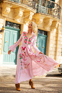 Nouvelles femmes brodées manches longues col en v cheville longueur robe longue à volants - Product Image 2