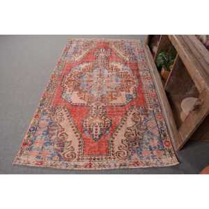 Tapis Vintage Anatolien Rouge Bleu 4.3X7 pieds Classique Grande Surface Laine Turque Latex Patchwork pour Couloir Rectangle Classique - Product Image 1