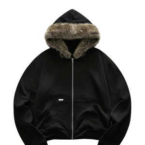 Mens <b>Black</b> Fleece Lined Zip-Up <b>Hoodie</b> with Faux Fur Hood 3D Design Warm Winter Casual Sweatshirt Jacket with Front Pocket - Product Image 1