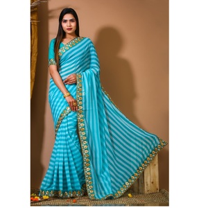 Moderne Indien Sari Pur Georgette Numérique Imprimé Lourd Dentelle Papier Broderie Mariages Fêtes Pakistanais Conception Dames - Product Image 1