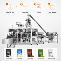 Automatische horizontale poederverpakkingsmachine voor voorgevormde plastic ritssluitzakken, inclusief etiketteerapparaat voor de voedingsindustrie