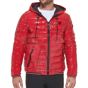 Veste matelassée en toile pour homme avec isolation thermique, capuche, logo frontal, style décontracté d'automne et confort durable - Product Image 1