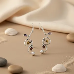 Boucles d'oreilles pendantes vintage pour femmes en argent 925 avec pierres précieuses multiples, perle d'eau douce et émeraude, motif de fleur en diamant pour mariage - Product Image 2
