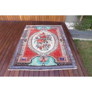 Turkish Rug, Area 4.5x6 ft Vintage Rug, <b>Red</b> Blue Polka dot <b>Wool</b> Rug - Product Image 1