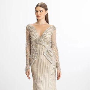 Robe de soirée en satin à manches longues, col en V, avec broderie et perles, très vendue pour le printemps et l'automne, antistatique - Product Image 1