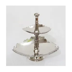 Bordure en zigzag en aluminium nickelé Design moderne Support pour serveur de gâteaux à 2 niveaux Design indien Fait à la main Support pour gâteaux de luxe - Product Image 1