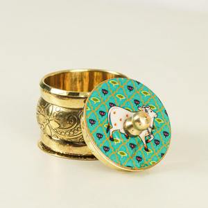 Laiton Pichwai Art Sindoor Dibbi pour mariage indien mariée Pooja chambre utilisation traditionnelle Kumkum boîte cadeau fait main - Product Image 2