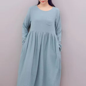 เดรสแม็กซี่แขนยาวมีกระดุมด้านหน้าสำหรับผู้หญิงเดรสลูกไม้หยักพิมพ์ลายคอกลมสวย - Product Image 1