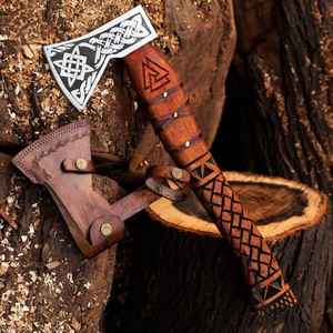 Hacha de Acero con Alto Contenido de Carbono Hecha a Mano con Hacha de Grado Industrial Tallada a Mano, Hachas Vikingas para Exteriores con Funda de Cuero Fino - Product Image 2