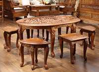 Ensemble de table et chaises de salle à manger en teck durable et écoresponsable, sculpté style antique Dragon Phénix, mobilier de cuisine et d'hôtel de style chinois