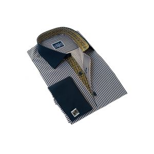 Beige Navy Blue Striped Chest and Collar Detailed French Double <b>Cuff</b> Sleeve Button Boxed Shirt - Product Image 1