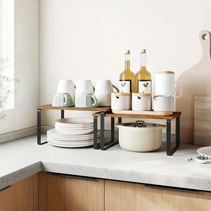 Conjunto de <span class=keywords><strong>2</strong></span> Metal & Wood Racks Utilitários <span class=keywords><strong>para</strong></span> Cozinha Contador Empilhável Expansível Food Storage Prateleiras Bracket Prateleira Spice Rack - Product Image 4