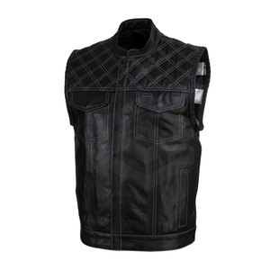 New Men 2026 Professional Motorcycle Leather Vest Perforated Black Leather Biker Vest With Custom Logo - Product Image 1