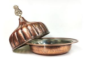 Anatolia martillado a mano hecho a mano Pasa Cadiri Pasha tienda plato redondo de cobre con tapa, Sahan, estilo otomano 30 cm - Product Image 4
