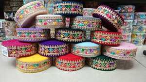 Custom Made Embroidered Floral Laces Made With Colorful Floral Embroidery on Blue Black Net <b>Fabric</b> to Use As Borders and Trims - Product Image 3