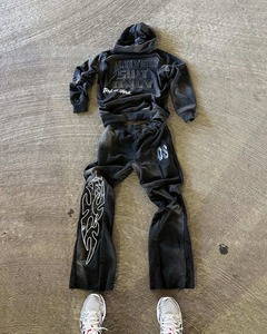 Custom <b>Silica</b> Graphic Tracksuit 100% Cotton Stacked Streetwear Acid Wash Hoodie and Flared Baggy Sweatpants Set for Men - Product Image 6