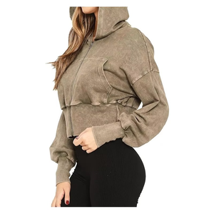 Personalizado Nuevo Diseño Vintage Logo Soft Wear Drop Shoulder Mujeres Hood Acid Wash Zipper Crop Hoodie - Product Image 3