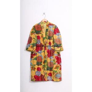 Indian Handmade Knitted Cotton Quilted Jacket Eco-Friendly Reversible Winter Robe with Vintage Design Long Length - Product Image 2