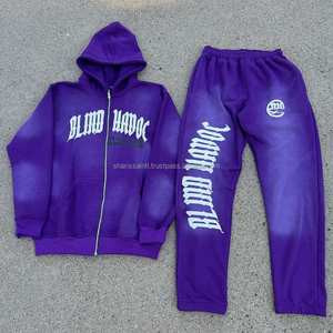Chándal de algodón para invierno, Sudadera con capucha y pantalón de lana lavada con ácido, con estampado de llama frontal, unisex, nuevo OEM - Product Image 1