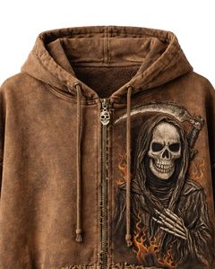 Sweat à capuche gothique personnalisé en denim délavé brun avec impression de chèvre du diable au dos, molleton lourd, streetwear, sweat à capuche zippé, look vintage personnalisé - Product Image 4