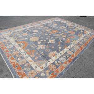 พรมตุรกีขนาดใหญ่พิเศษ 9.3x13.5 ฟุต สีน้ำเงินส้ม ลายอิคัต ทำจากขนสัตว์ - Product Image 3