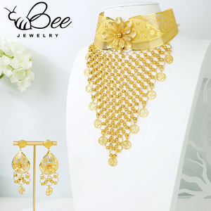 Luxury Gold Color Indian Bridal Jewelry Set Hollow Tassel Flower Long Bib Necklace Earrings Sets For Wedding - Product Image 2