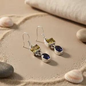 Boucles d'oreilles pendantes en argent 925 avec citrine et onyx, motif géométrique en forme de boule, bijoux en pierres précieuses pour cadeau de mariage avec perle et diamant, style religieux - Product Image 1