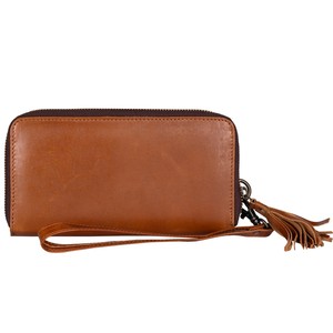 Bolso de mano bohemio hecho a mano para mujer, billetera de moda occidental de cuero genuino con decoración de borlas, cierre de cremallera única, forro de lona - Product Image 3