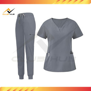 Vente en gros Ensemble de costumes d'hôpital modernes pour femmes avec logo personnalisé Haut à col en V et pantalon de jogging à jambe fuselée en tissu tissé - Product Image 2