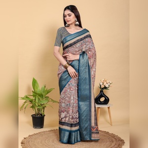 Sari en lin et coton artistique durable, brun patineux et turquoise, GG-614, avec patta en jacquard de lin, mettant en valeur les traditions - Product Image 1