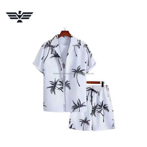 Conjunto de Camisa y Pantalones Cortos Ligeros con Estampado Tropical para Hombre, Atuendo Casual de Playa para Verano con Logotipo Frontal y Pantalones Cortos de Colores - Product Image 4