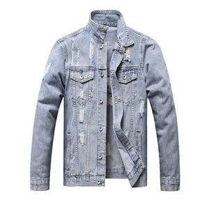 Men's Premium Quality 100% Cotton Full Sleeve <b>Denim</b> Bomber <b>Jackets</b> High Street Ripped Design Button-Up Stand Breathable Quick - Product Image 1