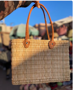 Cesta de paja marroquí con asa de cuero Cesta DE LA COMPRA Bolsa de playa de paja Bolso de supermercado - Product Image 4