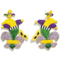 Boucles d'oreilles pendantes tendance Mardi Gras en perles de rocaille, motif gâteau du roi, couleur violet/jaune-vert, bijoux unisexes de la Nouvelle-Orléans