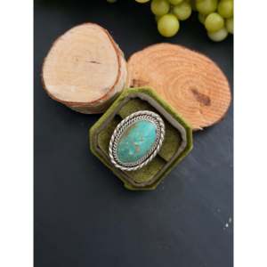 Navajo-Made <b>Ring</b> Kingman Turquoise Sterling <b>Silver</b> Size 7.5 Bezel <b>Set</b> Inlay Rose Gold 18K Plating Gift Licensed Private 'IS' - Product Image 3