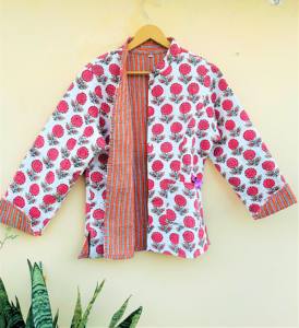 แจ็กเก็ตผ้าลูกฟูกสำหรับผู้หญิงพิมพ์ลายด้วยมือใส่ผ้าฝ้ายเสื้อคลุมสีกรมท่าสำหรับฤดูใบไม้ร่วง - Product Image 4