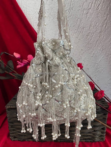 Elegant Beaded Bucket Evening Bag With Pearl Fringe Handmade Shoulder Flap Closure - Product Image 1