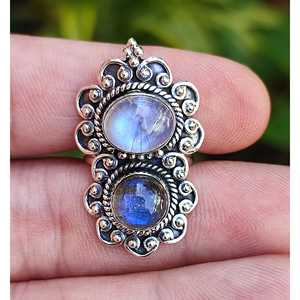 Rainbow Moonstone Labradorite Handmade Boho <b>Ring</b> for Women Classic <b>Statement</b> Dual Gemstone Inlay Styled Sterling Silver Gift - Product Image 4
