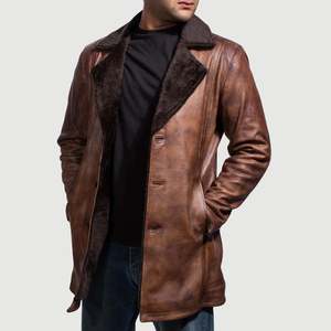 <b>Men's</b> Cinnamon Distressed Leather Fur <b>Coat</b> - Product Image 2
