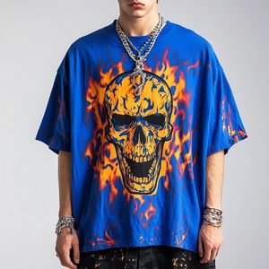 Men's Trendy Oversized Breathable Graphic Tees New Arrival Hip Hop Streetwear Flame Skull <b>Print</b> Short Sleeve - Product Image 1