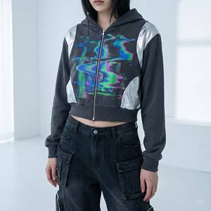 Sudadera con Capucha Personalizada de Invierno Estilo Y2K Cyberpunk para Mujer, con Parches Metálicos Plateados, Bordado 3D, Diseño Glitch y Cremallera Completa - Product Image 1