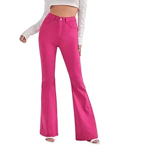 Pantaloni in jeans svasati da donna pantaloni di jeans svasati a vita media da donna in jeans rosa tinti con il miglior Standard di moda a buon mercato taglie forti