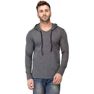 Jersey de algodón ligero Camiseta con capucha personalizada transpirable Hombres Cuello con capucha sólido Mezcla de algodón Camiseta gris - Product Image 3