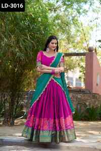 Indian Ethnic Wear South Indian Wedding Wear Cotton <b>Silk</b> Lehenga Choli with <b>Thread</b> Embroidery Work and Georgette Dupatta Set - Product Image 3