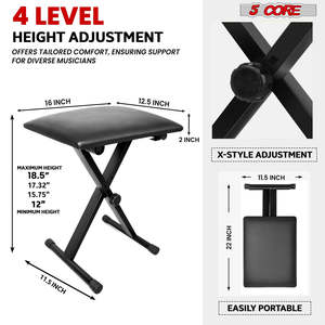 5 Core Keyboard <b>Bench</b> 2 Inch Padded Cushioned Piano Stool Height Adjustable 19" Guitar Seat Portable - Product Image 3