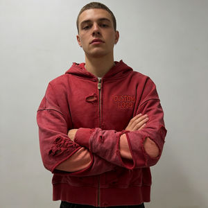 Sudaderas con Capucha para Hombre, Color Borgoña, con Cierre, Logotipo Personalizado, Bordado en Relieve, Estilo Desgastado, Vintage, Lavado, Talla Grande, Casual - Product Image 6