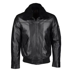 Premium Vegetable Tanned Leather Jacket in Black with Detachable Shearling Collar - Winchester Style for Timeless Elegance